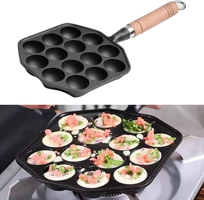 Bindex Takoyaki Pan 14 Holes Cast Nonstick Iron Japanese Grill Pan with Detachable Handle Anti Scalding Octopus Meat Balls Maker Easy to Use and Store - Image 4