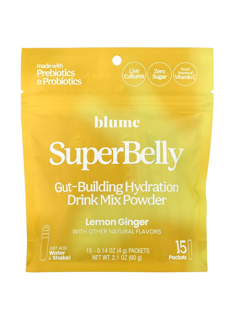 Blume SuperBelly, Gut-Building Hydration Drink Mix Powder, Lemon Ginger, 15 Packets, 0.14 oz (4 g) Each - Image 1