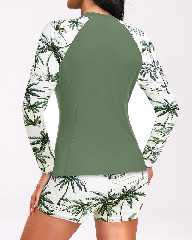 Holipick Green Palm Tree Long Sleeve Swimsuits for Women - 3 Piece Rash Guard with Shorts Zipper SPF Swim Shirt with Built in Bra M - Image 5