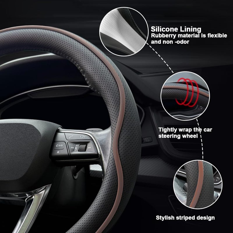 HAOTULE Leather Steering Wheel Coverï¼Œ with Anti-Slip Stripe Design - Enhanced Grip, Fashion Style, Safe, Non-Slip, Breathable. Upgrade car Interiorï¼ŒBlack Brown - Image 4
