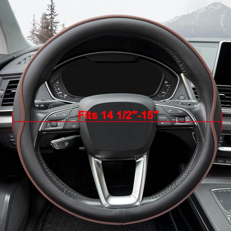 HAOTULE Leather Steering Wheel Coverï¼Œ with Anti-Slip Stripe Design - Enhanced Grip, Fashion Style, Safe, Non-Slip, Breathable. Upgrade car Interiorï¼ŒBlack Brown - Image 2