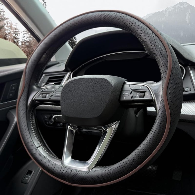 HAOTULE Leather Steering Wheel Coverï¼Œ with Anti-Slip Stripe Design - Enhanced Grip, Fashion Style, Safe, Non-Slip, Breathable. Upgrade car Interiorï¼ŒBlack Brown - Image 3