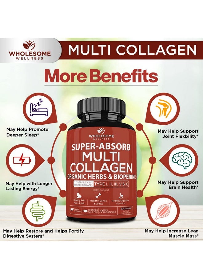 Wholesome Wellness - Superabsorb Multi Collagen Pills (Type I Ii Iii V X) Organic Herbs And Bioperine Hair Skin Nails Joints Hydrolyzed Collagen Peptides Protein Supplement For Women Men (90 Capsules) - Image 1