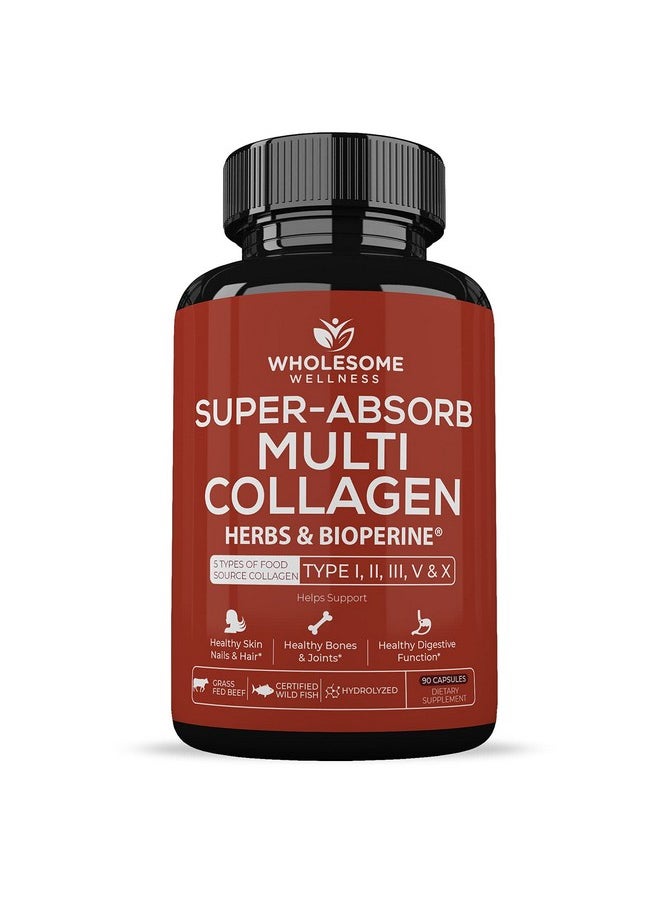 Wholesome Wellness - Superabsorb Multi Collagen Pills (Type I Ii Iii V X) Organic Herbs And Bioperine Hair Skin Nails Joints Hydrolyzed Collagen Peptides Protein Supplement For Women Men (90 Capsules) - Image 1