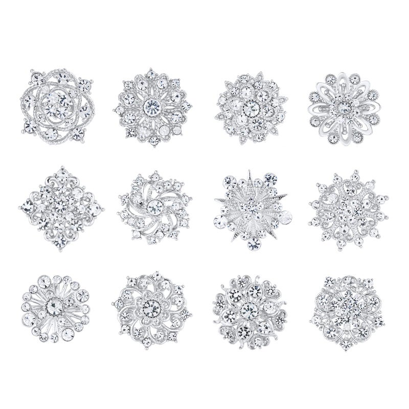MEEDOZ Lot 12Pcs Assorted Crystal Rhinestone Flower Brooch Pins Set for Crafts Embellishment, Wedding Bouquet Brooches for Women Fashion (Silver) - Image 1
