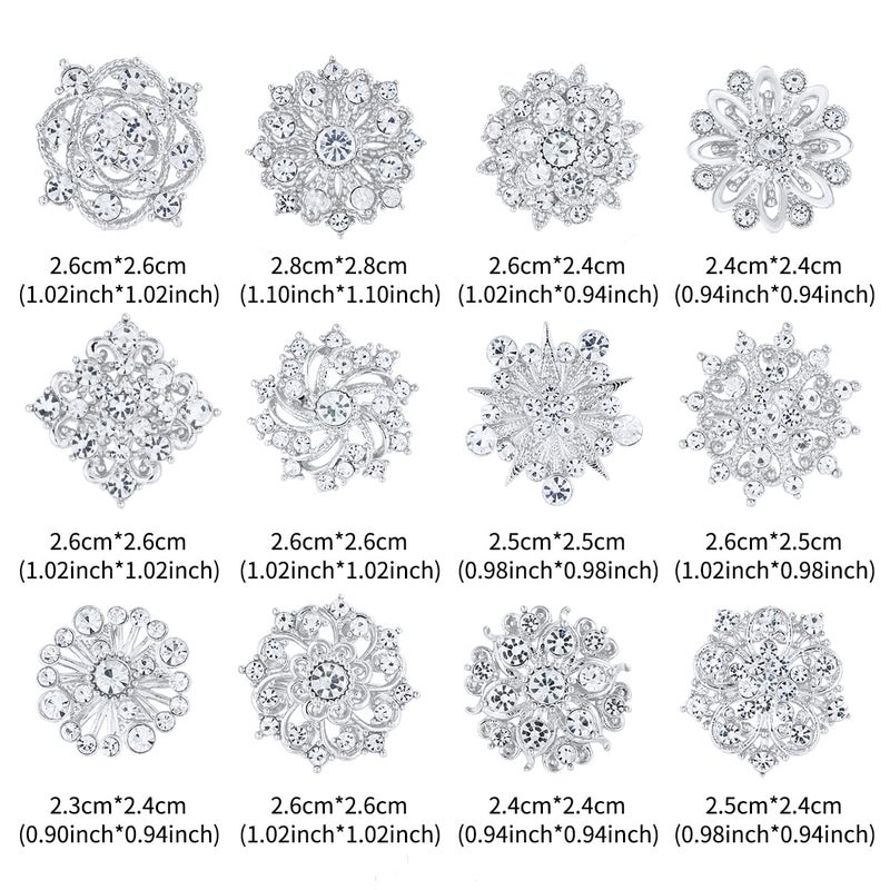 MEEDOZ Lot 12Pcs Assorted Crystal Rhinestone Flower Brooch Pins Set for Crafts Embellishment, Wedding Bouquet Brooches for Women Fashion (Silver) - Image 2
