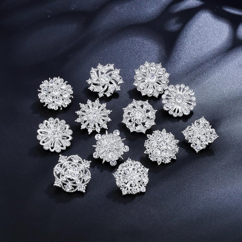 MEEDOZ Lot 12Pcs Assorted Crystal Rhinestone Flower Brooch Pins Set for Crafts Embellishment, Wedding Bouquet Brooches for Women Fashion (Silver) - Image 5