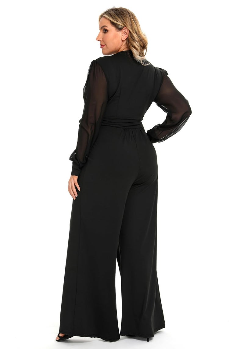 RED DOT BOUTIQUE 701 - Plus Size Mesh Long Sleeve V Wrap Neck Wide Leg Pants One Piece Jumpsuit (Black, L) - Image 3