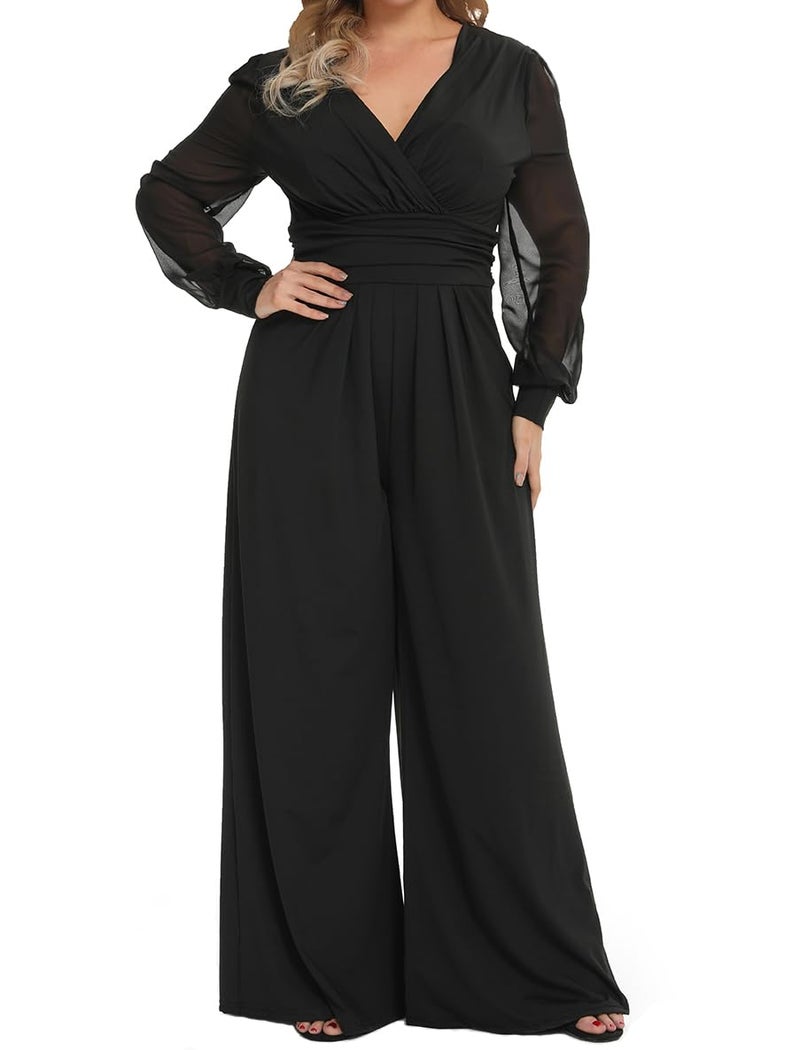 RED DOT BOUTIQUE 701 - Plus Size Mesh Long Sleeve V Wrap Neck Wide Leg Pants One Piece Jumpsuit (Black, L) - Image 1