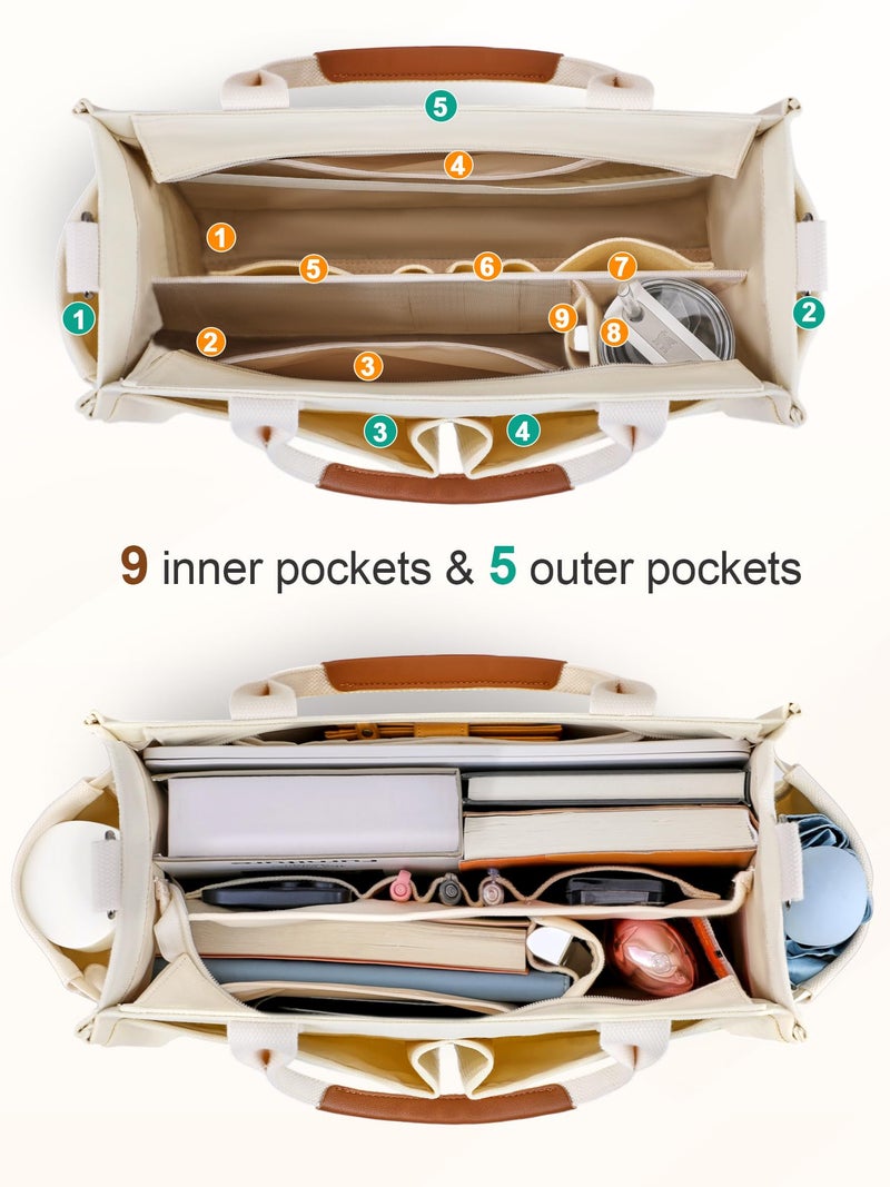 FIORETTO Women's Canvas Tote Bag with Zipper Top, Individual Compartments, Reinforced Bottom, Trolley Sleeve & Adjustable Strap, Doubles as a Crossbody Purse for Work, Travel & Bible, Ivory White M - Image 3