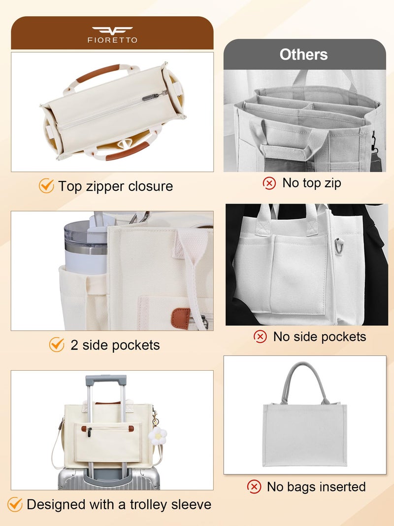 FIORETTO Women's Canvas Tote Bag with Zipper Top, Individual Compartments, Reinforced Bottom, Trolley Sleeve & Adjustable Strap, Doubles as a Crossbody Purse for Work, Travel & Bible, Ivory White M - Image 4