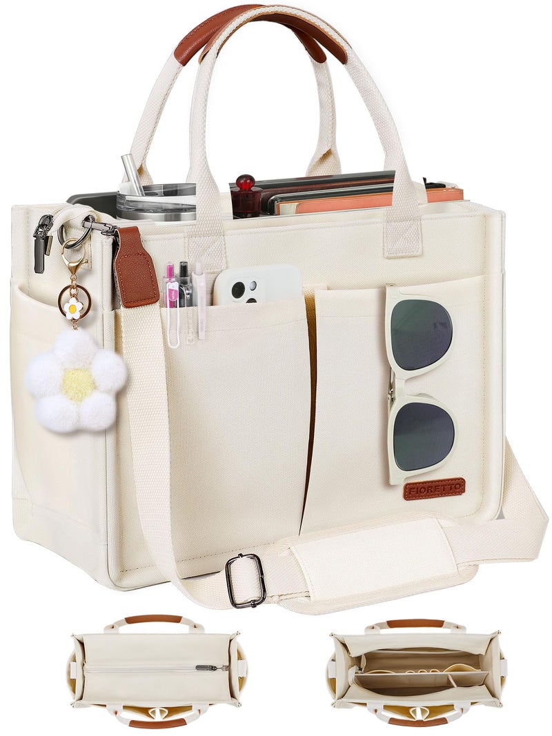 FIORETTO Women's Canvas Tote Bag with Zipper Top, Individual Compartments, Reinforced Bottom, Trolley Sleeve & Adjustable Strap, Doubles as a Crossbody Purse for Work, Travel & Bible, Ivory White M - Image 1