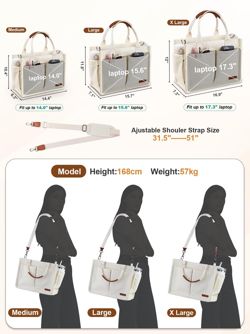 FIORETTO Women's Canvas Tote Bag with Zipper Top, Individual Compartments, Reinforced Bottom, Trolley Sleeve & Adjustable Strap, Doubles as a Crossbody Purse for Work, Travel & Bible, Ivory White M - Image 5