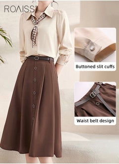 roaiss 2 Pcs Skirt Set for Women Solid Color Long Sleeve Buttoned Lapel Shirt Top and Vertical Hem Exquisite High Waist Skirt Ladies Elegant Temperament Wedding Guest Costumes Comes with Scarf and Belt  - Image 4