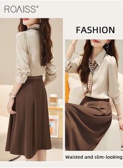 roaiss 2 Pcs Skirt Set for Women Solid Color Long Sleeve Buttoned Lapel Shirt Top and Vertical Hem Exquisite High Waist Skirt Ladies Elegant Temperament Wedding Guest Costumes Comes with Scarf and Belt  - Image 2