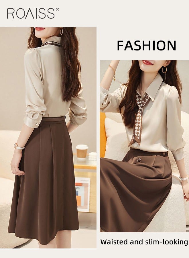 roaiss 2 Pcs Skirt Set for Women Solid Color Long Sleeve Buttoned Lapel Shirt Top and Vertical Hem Exquisite High Waist Skirt Ladies Elegant Temperament Wedding Guest Costumes Comes with Scarf and Belt  - Image 2