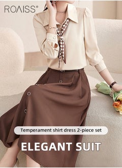 roaiss 2 Pcs Skirt Set for Women Solid Color Long Sleeve Buttoned Lapel Shirt Top and Vertical Hem Exquisite High Waist Skirt Ladies Elegant Temperament Wedding Guest Costumes Comes with Scarf and Belt  - Image 1