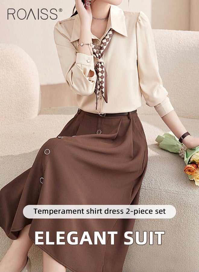 roaiss 2 Pcs Skirt Set for Women Solid Color Long Sleeve Buttoned Lapel Shirt Top and Vertical Hem Exquisite High Waist Skirt Ladies Elegant Temperament Wedding Guest Costumes Comes with Scarf and Belt  - Image 1