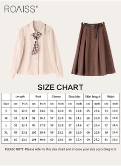 roaiss 2 Pcs Skirt Set for Women Solid Color Long Sleeve Buttoned Lapel Shirt Top and Vertical Hem Exquisite High Waist Skirt Ladies Elegant Temperament Wedding Guest Costumes Comes with Scarf and Belt  - Image 5