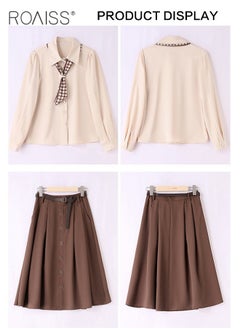roaiss 2 Pcs Skirt Set for Women Solid Color Long Sleeve Buttoned Lapel Shirt Top and Vertical Hem Exquisite High Waist Skirt Ladies Elegant Temperament Wedding Guest Costumes Comes with Scarf and Belt  - Image 3