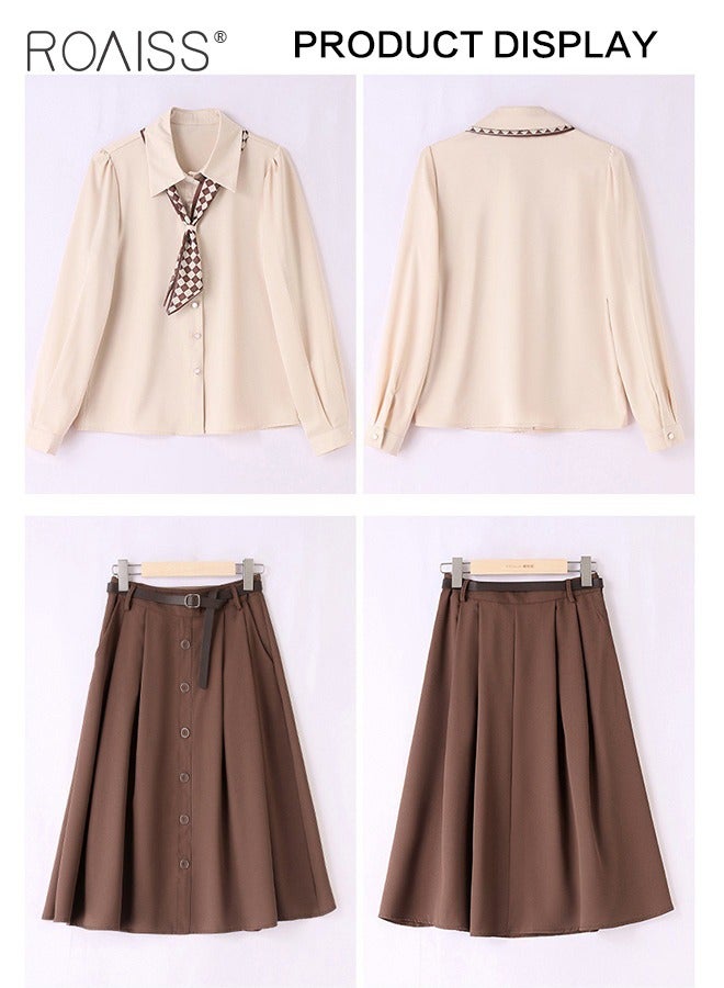 roaiss 2 Pcs Skirt Set for Women Solid Color Long Sleeve Buttoned Lapel Shirt Top and Vertical Hem Exquisite High Waist Skirt Ladies Elegant Temperament Wedding Guest Costumes Comes with Scarf and Belt  - Image 3