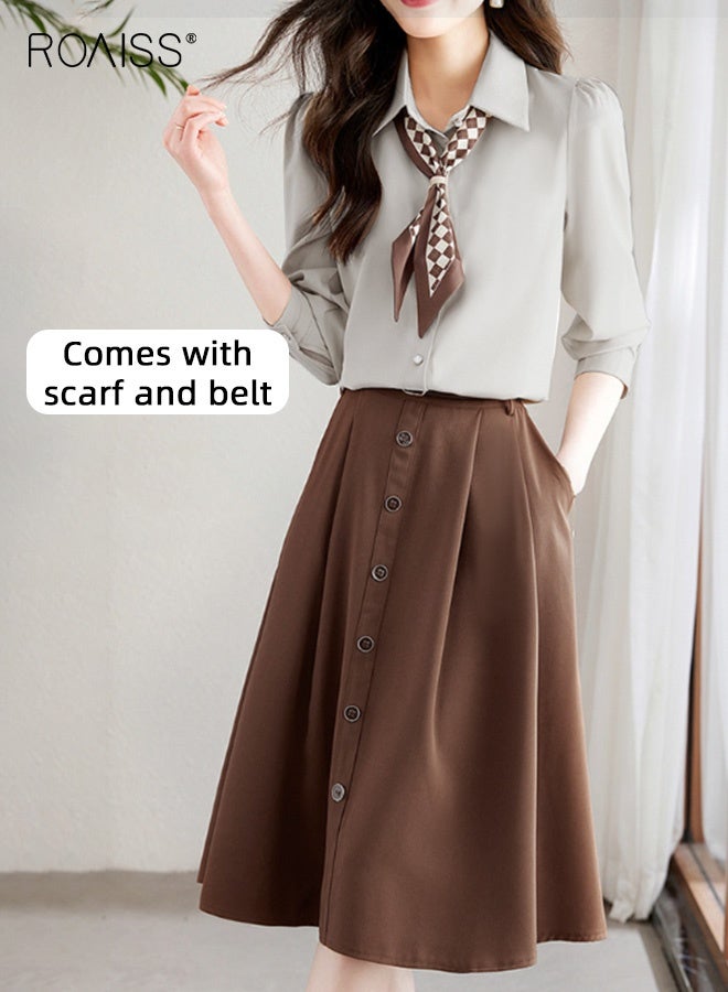 رويس مجموعة تنورة مكونة من قطعتين للنساء بلون سادة وأكمام طويلة وقميص بأزرار وحاشية رأسية، تنورة رائعة بخصر عالٍ للسيدات، أزياء أنيقة لحفلات الزفاف تأتي مع وشاح وحزام - Image 2