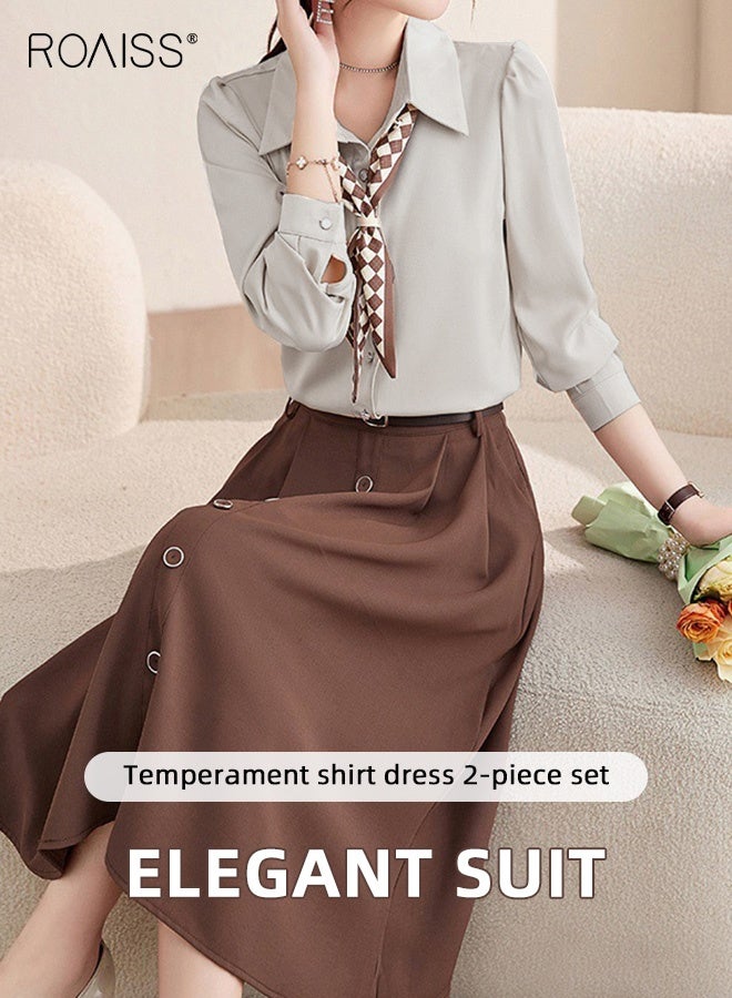 رويس مجموعة تنورة مكونة من قطعتين للنساء بلون سادة وأكمام طويلة وقميص بأزرار وحاشية رأسية، تنورة رائعة بخصر عالٍ للسيدات، أزياء أنيقة لحفلات الزفاف تأتي مع وشاح وحزام - Image 1