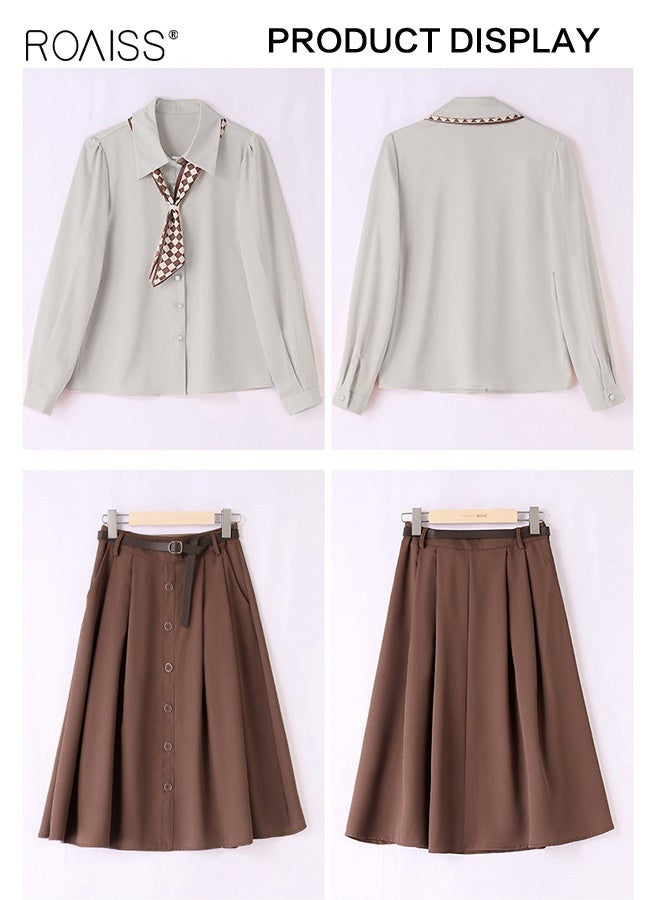 رويس مجموعة تنورة مكونة من قطعتين للنساء بلون سادة وأكمام طويلة وقميص بأزرار وحاشية رأسية، تنورة رائعة بخصر عالٍ للسيدات، أزياء أنيقة لحفلات الزفاف تأتي مع وشاح وحزام - Image 4