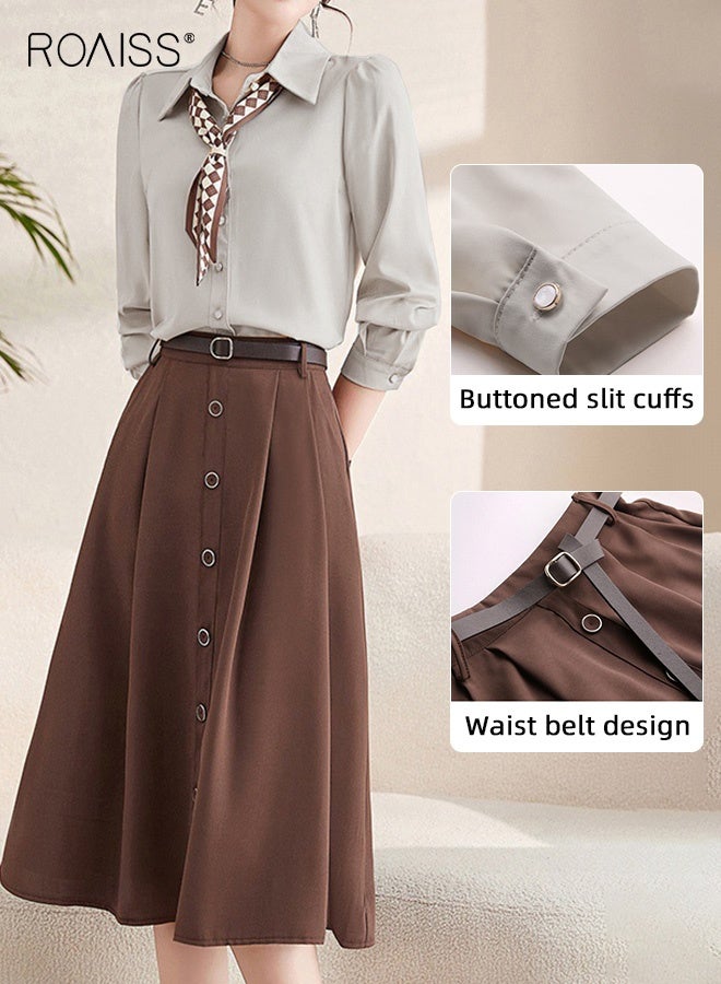 رويس مجموعة تنورة مكونة من قطعتين للنساء بلون سادة وأكمام طويلة وقميص بأزرار وحاشية رأسية، تنورة رائعة بخصر عالٍ للسيدات، أزياء أنيقة لحفلات الزفاف تأتي مع وشاح وحزام - Image 5