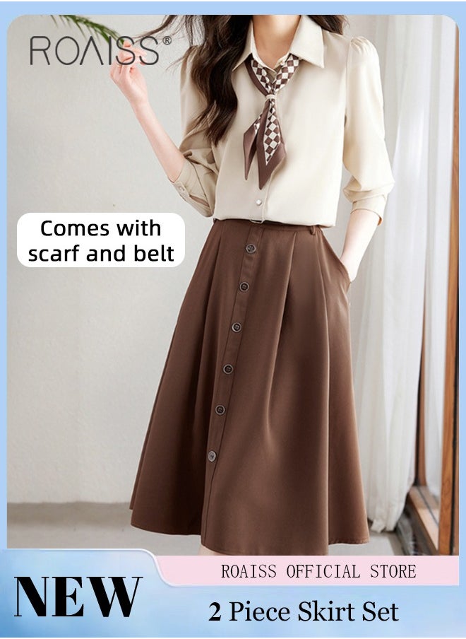 2 Pcs Skirt Set for Women Solid Color Long Sleeve Buttoned Lapel Shirt Top and Vertical Hem Exquisite High Waist Skirt Ladies Elegant Temperament Wedding Guest Costumes Comes with Scarf and Belt - pzsku/Z71A58FE12BBFF4C2E1EBZ/45/_/1721965483/0cd7e9e3-25ad-49f2-8671-290e350dda7c