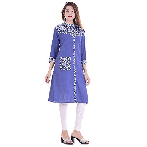 Chichi Indian Women's Plain With Printed Border cotton Kurti Blue For Casual/Daily/Party Wear - Image 1