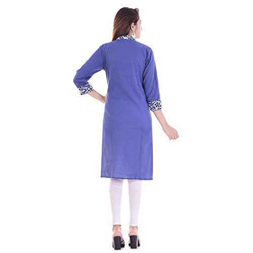 Chichi Indian Women's Plain With Printed Border cotton Kurti Blue For Casual/Daily/Party Wear - Image 4