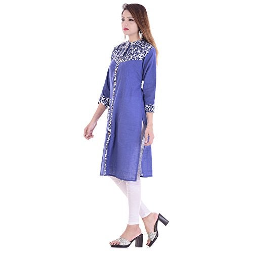 Chichi Indian Women's Plain With Printed Border cotton Kurti Blue For Casual/Daily/Party Wear - Image 2