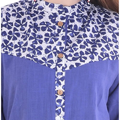 Chichi Indian Women's Plain With Printed Border cotton Kurti Blue For Casual/Daily/Party Wear - Image 3