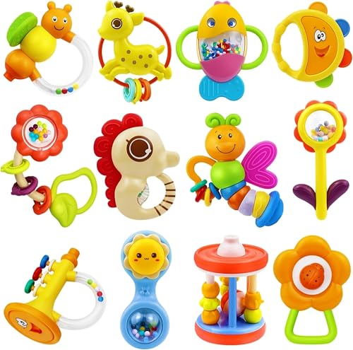 MOONTOY 12pcs Baby Rattles for Babies 06 Months Teething Toys 36 Months Newborn Infant Teethers Baby Toys 612 Months Montessori Baby Easter Basket Stuffers Gifts 1 2 3 4 5 6 7 9 10 Month Boy Girl - Image 1