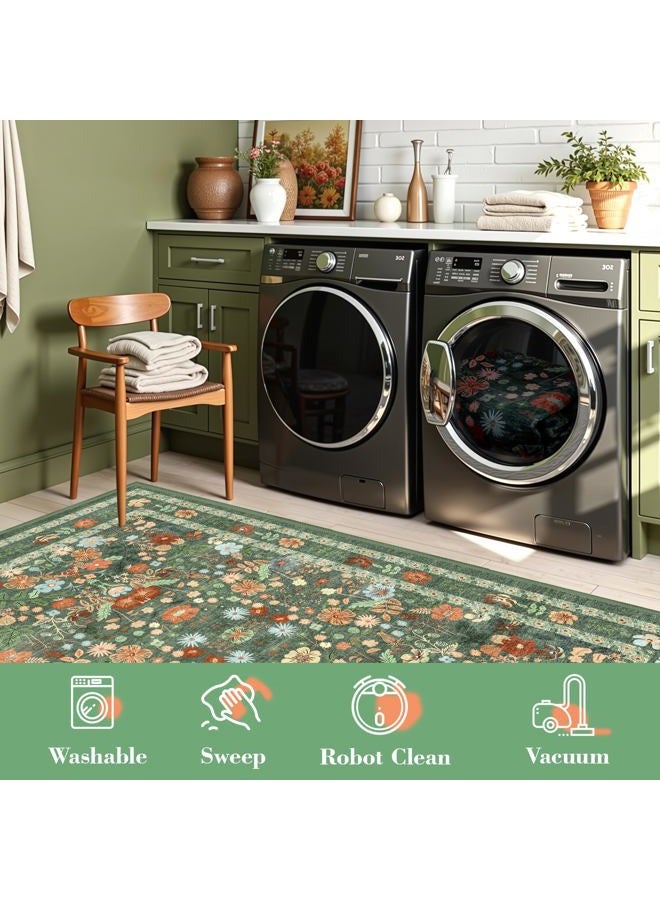 Deerly Green Floral Washable Area Rugs 9x12 for Living Room Large Vintage Boho Non-Slip Bedroom Carpet Soft Low Pile Thin Floor Mat Indoor for Dining Room Playroom Nursery Farmhouse, Green/Multi - Image 5