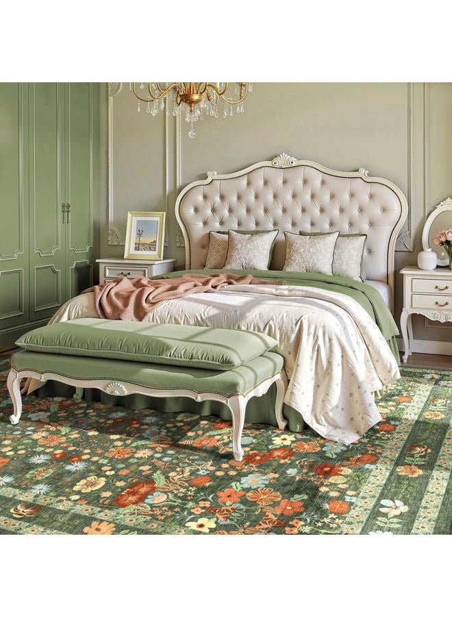 Deerly Green Floral Washable Area Rugs 9x12 for Living Room Large Vintage Boho Non-Slip Bedroom Carpet Soft Low Pile Thin Floor Mat Indoor for Dining Room Playroom Nursery Farmhouse, Green/Multi - Image 2