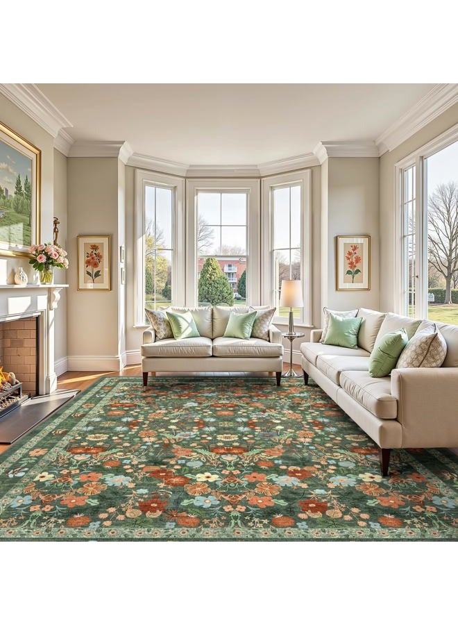 Deerly Green Floral Washable Area Rugs 9x12 for Living Room Large Vintage Boho Non-Slip Bedroom Carpet Soft Low Pile Thin Floor Mat Indoor for Dining Room Playroom Nursery Farmhouse, Green/Multi - Image 1