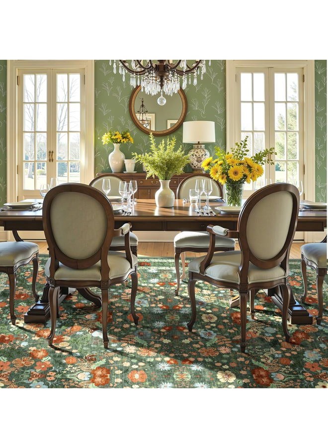 Deerly Green Floral Washable Area Rugs 9x12 for Living Room Large Vintage Boho Non-Slip Bedroom Carpet Soft Low Pile Thin Floor Mat Indoor for Dining Room Playroom Nursery Farmhouse, Green/Multi - Image 3