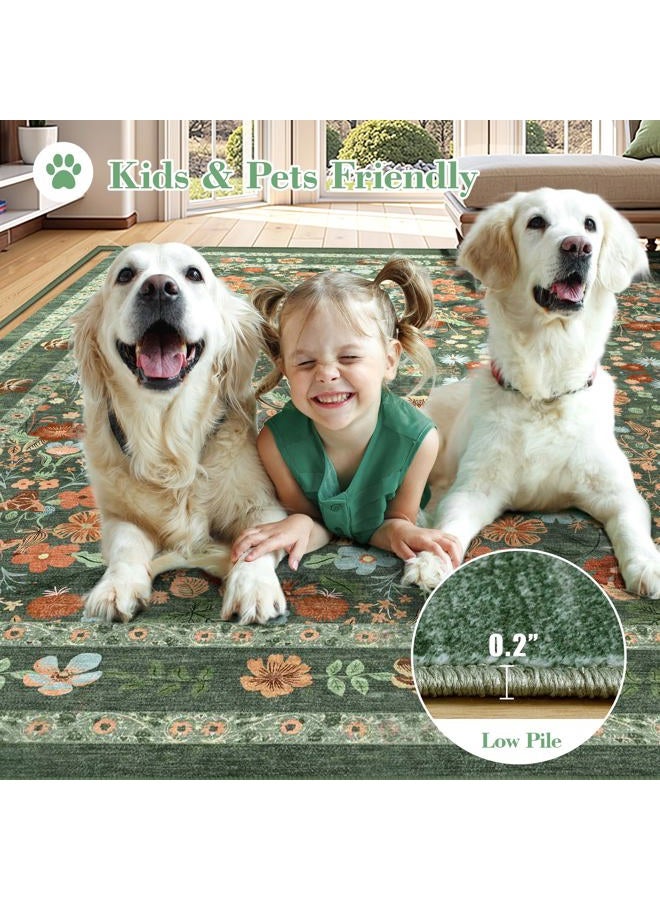 Deerly Green Floral Washable Area Rugs 9x12 for Living Room Large Vintage Boho Non-Slip Bedroom Carpet Soft Low Pile Thin Floor Mat Indoor for Dining Room Playroom Nursery Farmhouse, Green/Multi - Image 4