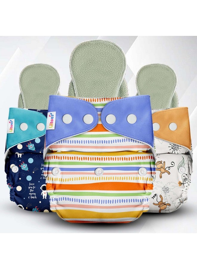 Liltoes Cloth Diapers For New Born Babies 0 To 3 Years | Reusable Premium Cloth Nappies Pack Of 3 (3 Cloth Diapers + 3 Inserts) |Flying Saucer + Boogie Monkey + Jazzy Lines - Image 1