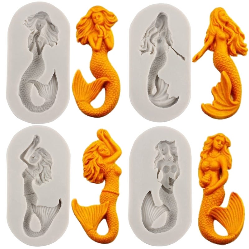 Sijiangmold Mermaid Silicone Fondant Mold For Cake Decorating Candy Chocolate Sugarcraft Polymer Clay Set Of 4