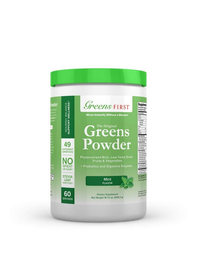 جرينز فيرست Greens First - Mint - 60 Servings - مسحوق الخضروات Superfood، 49 نوعًا عضويًا من الفواكه والخضروات، مكمل غذائي لعصير السموذي المضاد للأكسدة، خالٍ من منتجات الألبان، نباتي وغير معدّل وراثيًا - 19.72 أونصة - Image 1