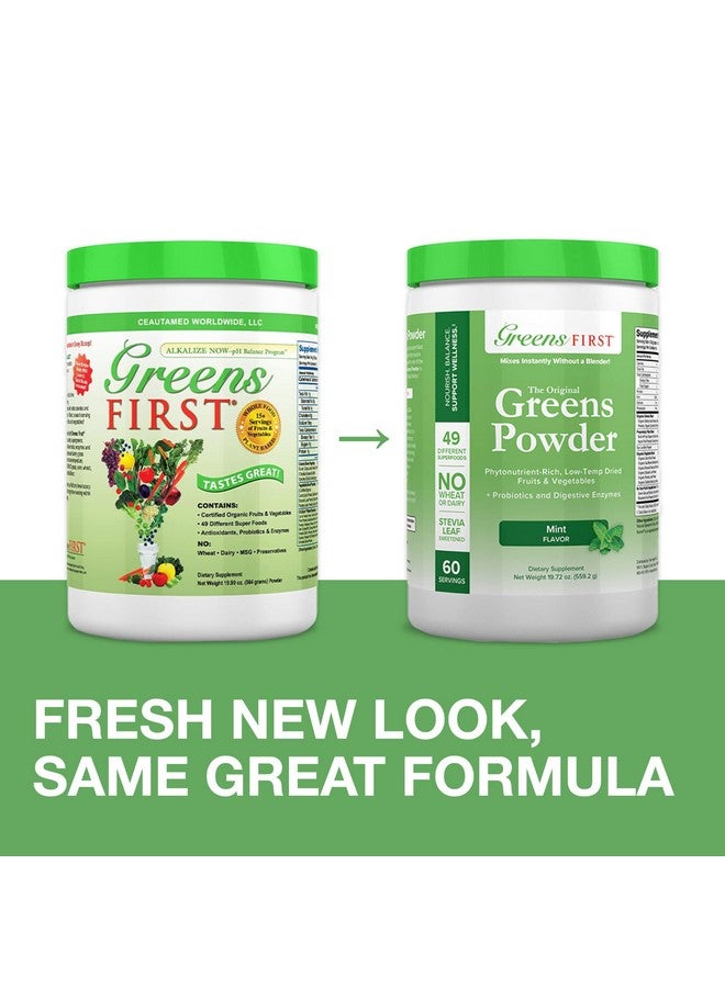 جرينز فيرست Greens First - Mint - 60 Servings - مسحوق الخضروات Superfood، 49 نوعًا عضويًا من الفواكه والخضروات، مكمل غذائي لعصير السموذي المضاد للأكسدة، خالٍ من منتجات الألبان، نباتي وغير معدّل وراثيًا - 19.72 أونصة - Image 2