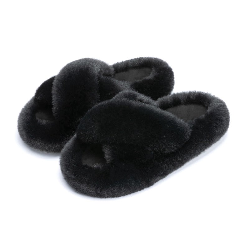 Chantomoo Women's Cross Slippers Memory Foam Faux Fur Lined Slide Shoes Black Size 7-8 - Image 1