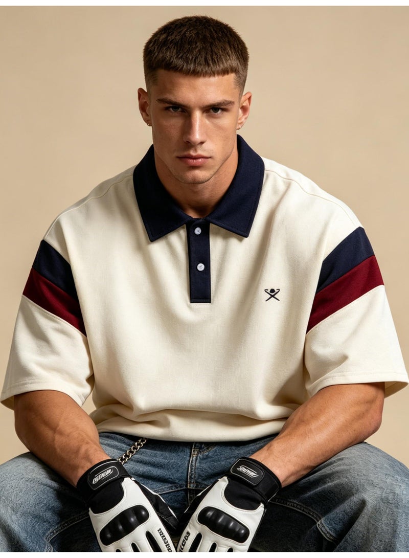 Hackett London Contrasting striped tennis printed Polo shirt for men and women with the same loose American retro short-sleeved couple shirt. - Image 1