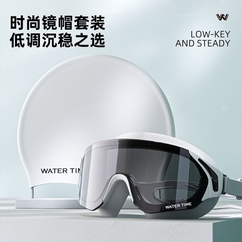 WATERTIME نظارات سباحة طبية من واترتايم - مقاومة للضباب ومضادة للماء بإطار كبير مع قبعة سباحة - Image 1
