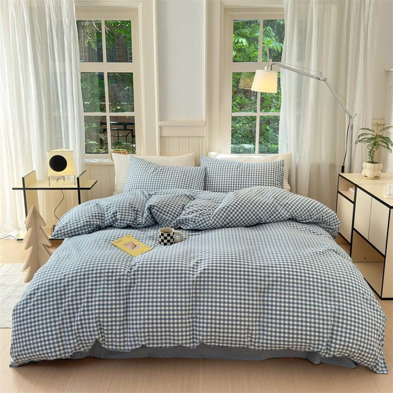 Ruccit Blue Gingham Duvet Cover Double 100 Washed Cotton White Plaid Grid Duvet Cover Set Double Bed Checkered Pattern 3PCS Quilt Cover Bedding Set with Zipper Closure Corner TiesSoftBreathable