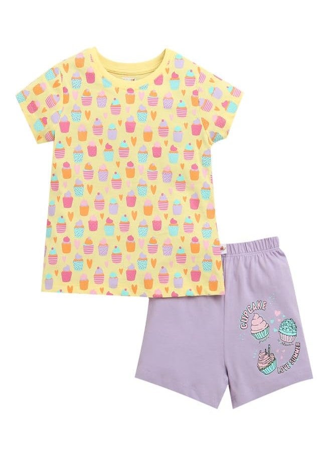 BUMZEE Girls Cotton Half Sleeves T-Shirt & Short Set Yellow & Lavender - 12-18 Months (Peb10462D-ylw) - Image 1