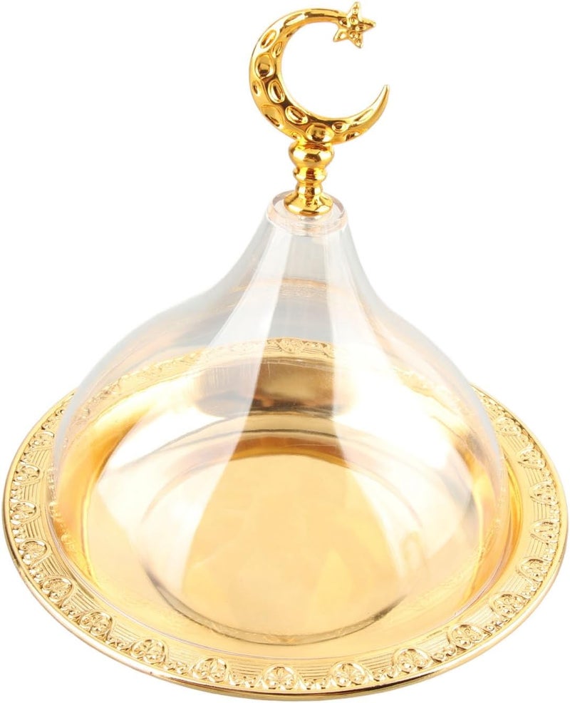 Milltrip Serving Plate with Dome Serving Plate for Party Golden Embossed Patterns Stainless Steel Acrylic Serving Dish with Dome for Party Cafe Stainless Steel Cloche Food Cover Dome Serve - Image 1